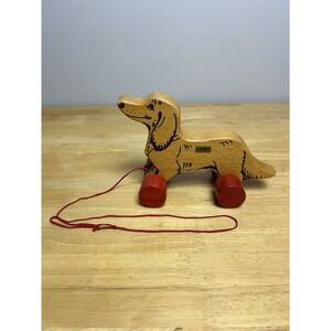Vintage Steiff Wooden Dog Dachshund on Red Wheels with ID And Pull String